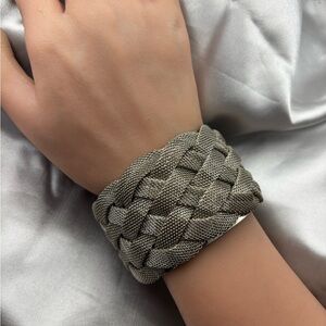 Vintage Braided Mesh Cuff Bracelet - Silver Tone Wide Statement Bangle